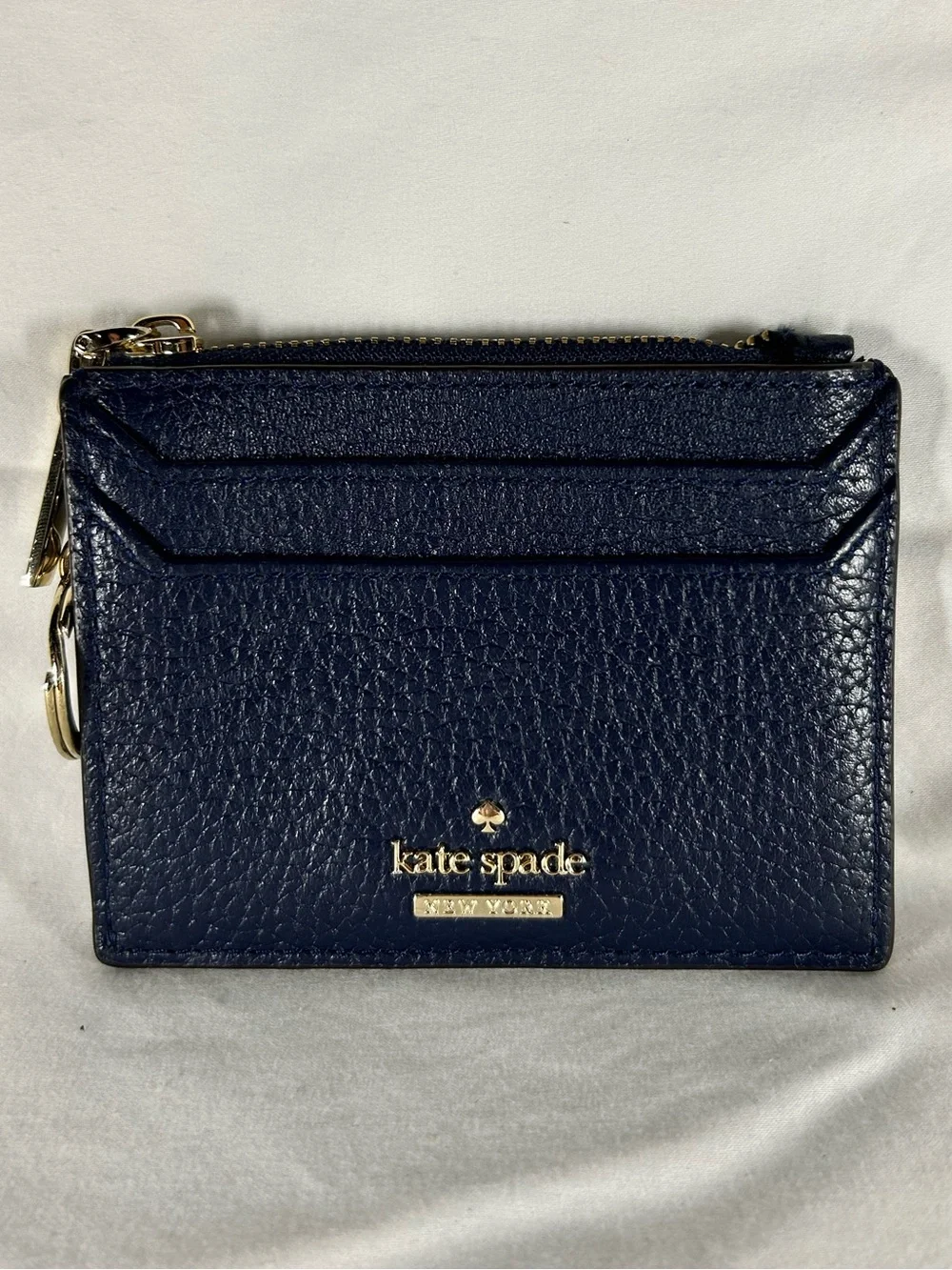 kate spade Navy Pebbled Leather Zip Card Case with Gold Logo